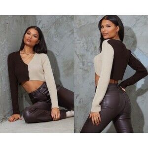 Pretty Little Thing Crop Cardigan Sweater Womens Sz S Brown Tan Two Tone 90s NEW